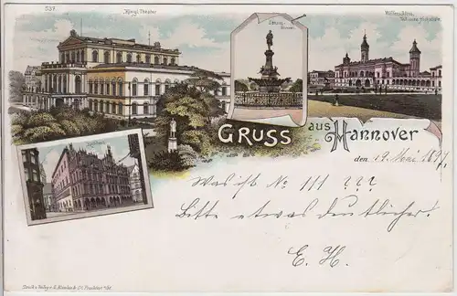 (113644) Künstler AK Gruß aus Hannover, Ebhardt Brunnen, Theater 1897