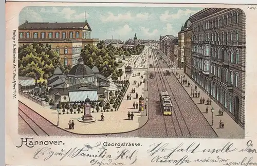 (108429) Künstler AK Hannover, Georgstraße, Cafe Kröpcke, Oper, Straßenbahn, bis