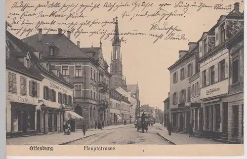 (113332) AK Offenburg, Hauptstraße, Möbel Haus, Cafe, Kirche 1915