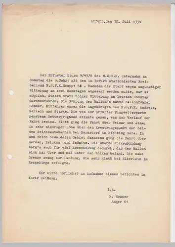 (D644) Ballonfahrt Erfurt, orig. Schreibmaschine-Bericht v. Ballonführer Sommer für die Presse 1938
