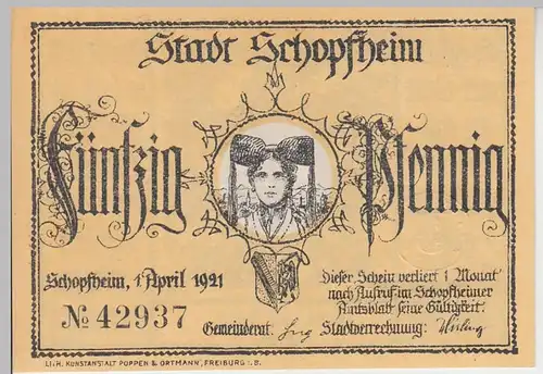 (D809) Notgeld der Stadt Schopfheim, 50 Pfennig 1921, Motiv 1