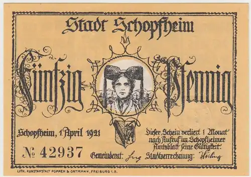 (D814) Notgeld der Stadt Schopfheim, 50 Pfennig 1921, Motiv 6