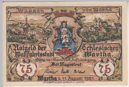 (D823) Notgeld der Stadt Wartha, Bardo, 75 Pfennig 1921, Wartha um 1900