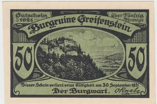 (D918) Notgeld der Burgruine Greifenstein b. Blankenburg, 50 Pfennig 1921, grün