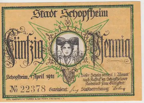 (D954) Notgeld der Stadt Schopfheim, 50 Pfennig 1921, Motiv 3