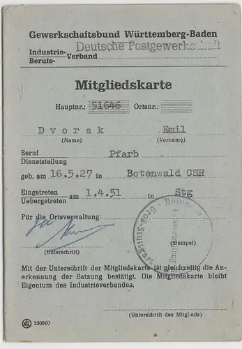 (D1137) Dt. Postgewerkschaft, Mitgliedskarte Emil Dworak a. Botenwald, 1951