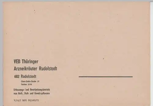(83443) Postkarte VEB Thüringer Arzneikräuter Rudolstadt, um 1972