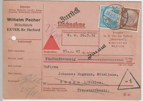 (75415) Nachnahme Postkarte, DR Möbelfabrik Pecher, Exter 1936