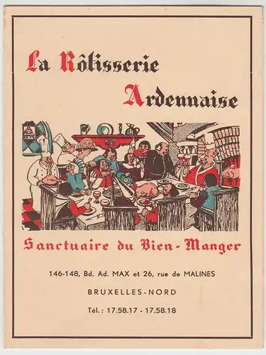 (52282) Speisekarte La Rotisserie Ardennaise, Brüssel-Nord, Bruxelles 1965