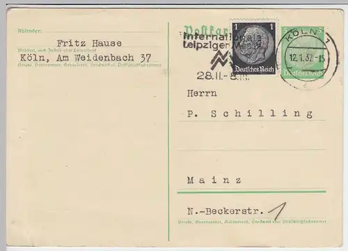 (42307) Ganzsache DR, Zusatzfrankatur, Köln 1937, Bestell. Basskolophonium