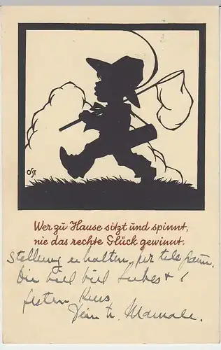 (35942) AK Silhouette Junge auf Wanderschaft mit Spruch, 1937