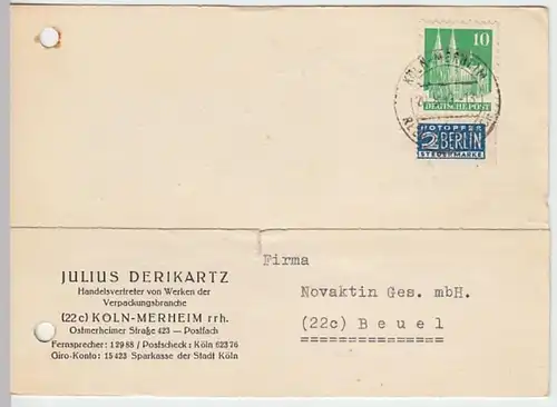 (25456) Postkarte DP 1949 v. Julius Derikartz, Köln Merheim