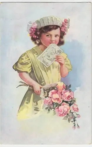 (12105) Künstler AK Viel Glück! Mädchen mit Brief und Rosen 1911