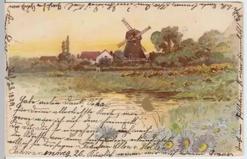 (3364) Künstler AK Landschaft, Mühle, Weiher 1899