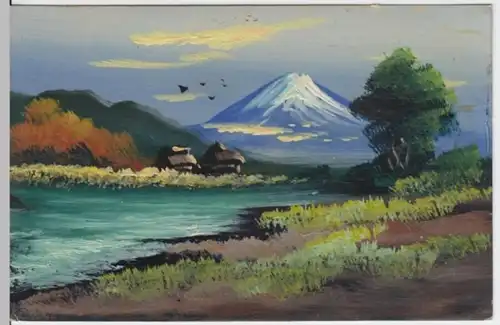 (2198) Künstler AK Berg, See, Häuser, Original Handgemalt, Japan