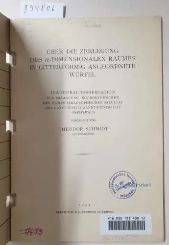 Schmidt, Karl Theodor: Über die Zerlegung des n-dimensionalen Raumes in gitterförmig angeordnete Würfel. 