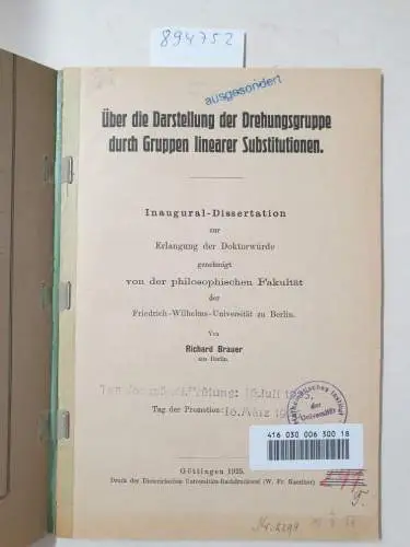 Brauer, Richard: Über die Darstellung der Drehungsgruppe durch Gruppen linearer Substitutionen. 