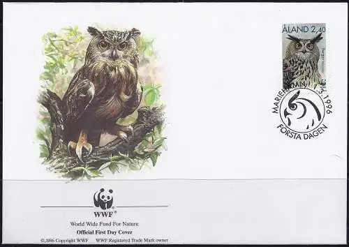 Aaland (Aland) FDC + Ansichtskarte 1996 – Mi 111 - YT 111 - WWF - Große Hornkauz ( Grand-duc - Great Horned Owlps )