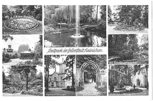 [Ansichtskarte] Stadtpark der Gellertstadt Hainichen, mit Bildern von der Blumenuhr, dem Parkteich, der Kakteeninsel, vom Pavillon u. Vogelhaus, von der Grotte, vom Parkschlößchen, vom Seitenportal und v om Ehernmahl - gelaufen mit Text auf der...