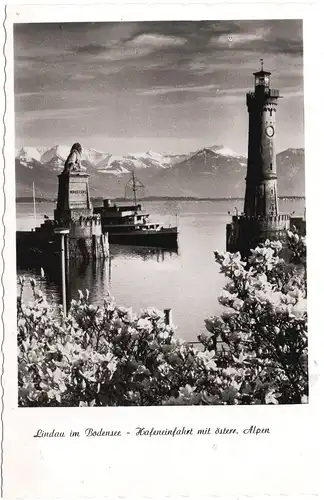 [Echtfotokarte schwarz/weiß] Lindau im Bodensee - Hafeneinfahrt mit österr. Alpen - ungelaufen - siehe Scan. 