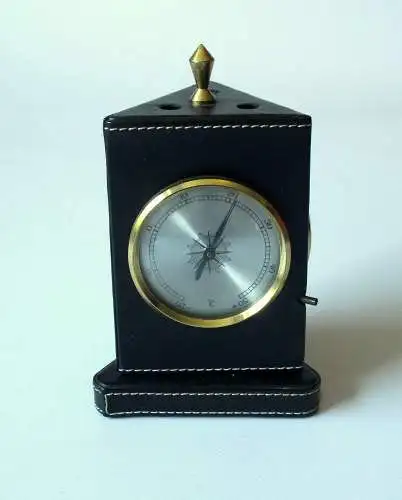 Drehbarer Stiftehalter, Wetterstation, Thermometer, Hygrometer, Barometer, voll funktionsfähig, schwarzes Kunstleder, Metall, Glas, Messing, Vintage