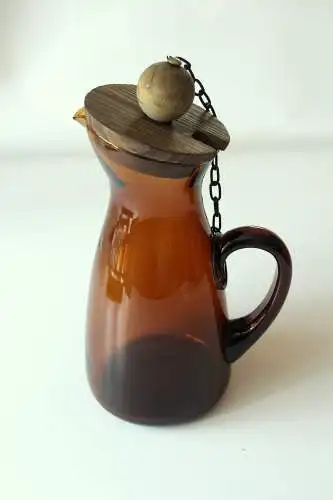 Coole Rauchglas Karaffe mit Holzdeckel und Aussparung für den Löffel, Vintage aus den 70ern