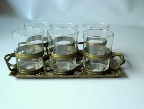 Tolles Set mit 6 Teetassen Messing-Glas auf einem Messingtablett - Groggläser - Vintage aus den 1970ern