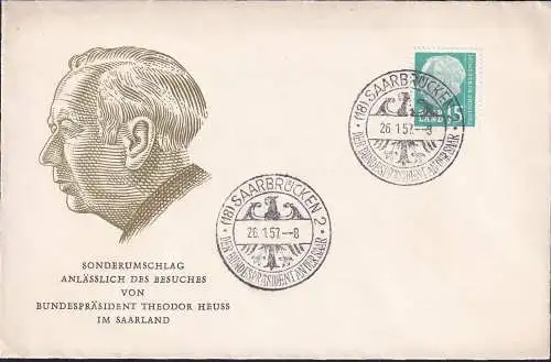 SAARLAND 1957 MI-Nr. 388 auf Brief Sonderstempel Der Bundespräsident an der Saar