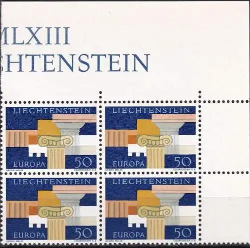 LIECHTENSTEIN 1963 Mi-Nr. 431 Eckrand-Viererblock ** MNH