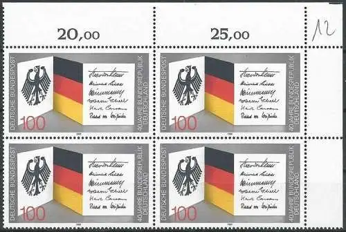 DEUTSCHLAND 1989 Mi-Nr. 1421 Eckrand-Viererblock ** MNH