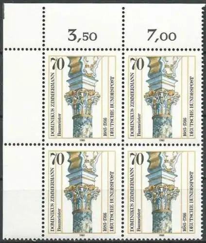 DEUTSCHLAND 1985 Mi-Nr. 1251 Eckrand-Viererblock ** MNH