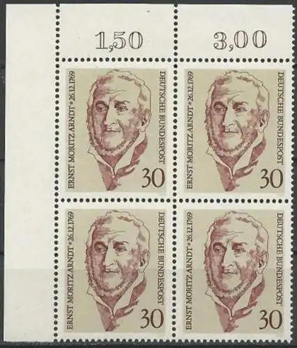 DEUTSCHLAND 1969 Mi-Nr. 611 Viererblock ** MNH