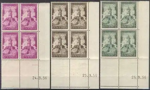 SAARLAND 1956 Mi-Nr. 373/75 Eckrand-Viererblocks mit Druckdatum Rand geknickt ** MNH