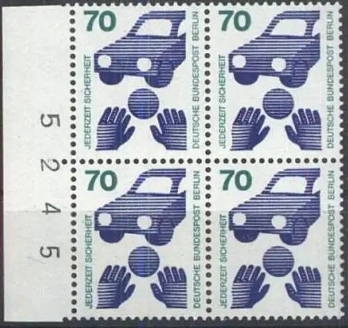 BERLIN 1973 Mi-Nr. 453 Viererblock vom Rand mit Bogennummer ** MNH