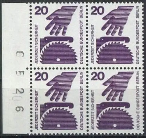 BERLIN 1971 Mi-Nr. 404 Viererblock vom Rand mit Bogennummer ** MNH