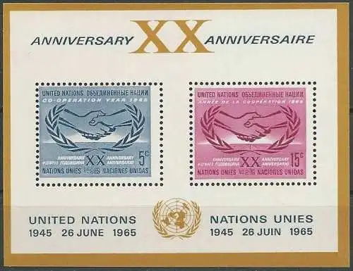 UNO NEW YORK 1965 Mi-Nr. Block 3 ** MNH