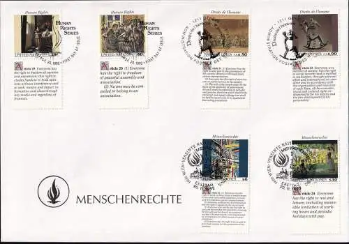 UNO NEW YORK - WIEN - GENF 1992 TRIO-FDC Menschenrechte