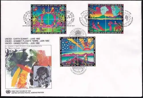 UNO NEW YORK - WIEN - GENF 1992 TRIO-FDC Umweltgipfel Genf mit Einkreisstempel