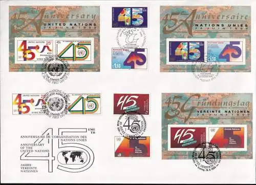 UNO NEW YORK - WIEN - GENF 1990 TRIO-FDC 45 Jahre Vereinte Nationen