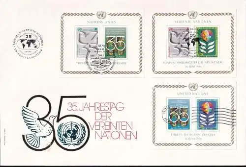 UNO NEW YORK - WIEN - GENF 1980 TRIO-FDC 35 Jahre Vereinte Nationen