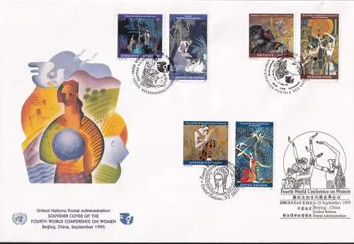 UNO NEW YORK - WIEN - GENF 1995 TRIO-FDC Vierte Weltfrauenkonferenz + Stempel Beijing