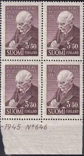 FINNLAND 1945 Mi-Nr. 295 ** MNH Unterrand-Viererblock