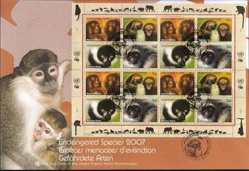 UNO GENF 2007 Mi-Nr. 561/64 Kleinbogen gefährdete Arten FDC