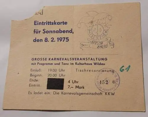 Eintrittskarte für Sonnabend den 8.2.1975