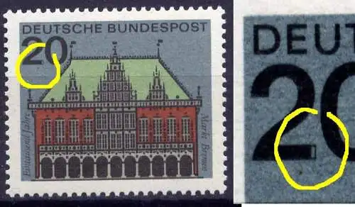 BRD Nr.425       **  mint   (10762) Loch im Fuß der 2 von 20