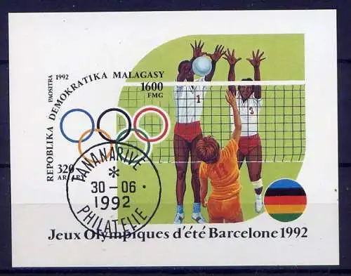 Madagaskar Block 191         O  used       (007) Olympiade 1992 Barcelona Volleyball