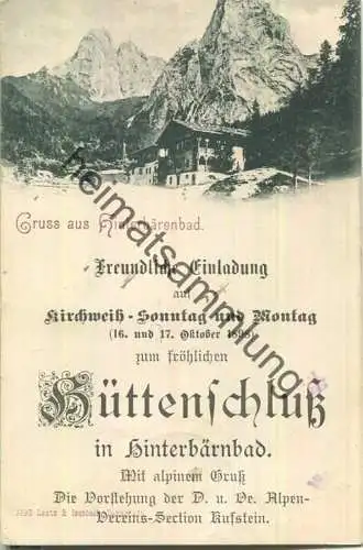 Hinterbärenbad - Einladung zum Hüttenschluss 17. Oktober 1898 - Hüttenwirt Josef Kranabitter - Verlag Lautz & Isenbeck