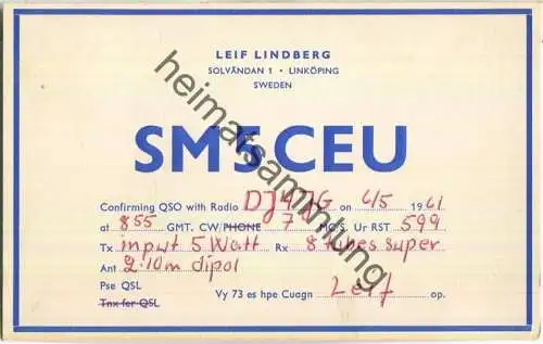 QSL - Funkkarte - SM5CEU - Sweden - Linköping - 1961