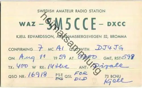 QSL - Funkkarte - WAZ-SM5CCE-DXCC - Sweden - Bromma - 1959