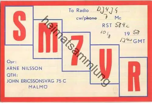 QSL - Funkkarte - SM7VR - Sweden - Malmö - 1958